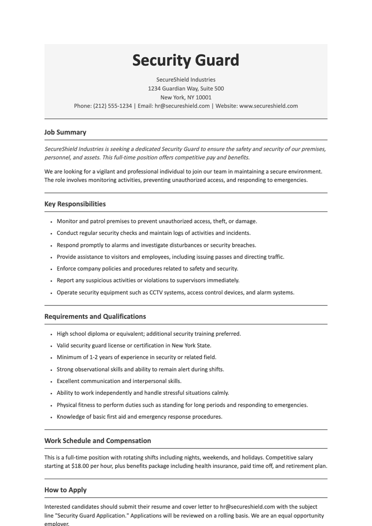 Professional security guard resume with skills summary and work experience_variant_1